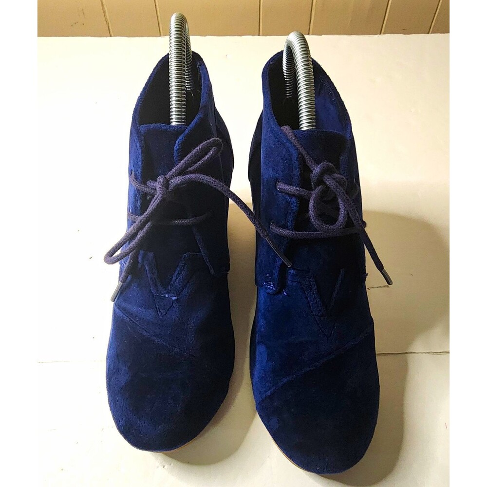TOMS Desert Wedge Ankle Booties Womens 8.5 Navy Blue Suede Lace-Up 3" Wedge Heel